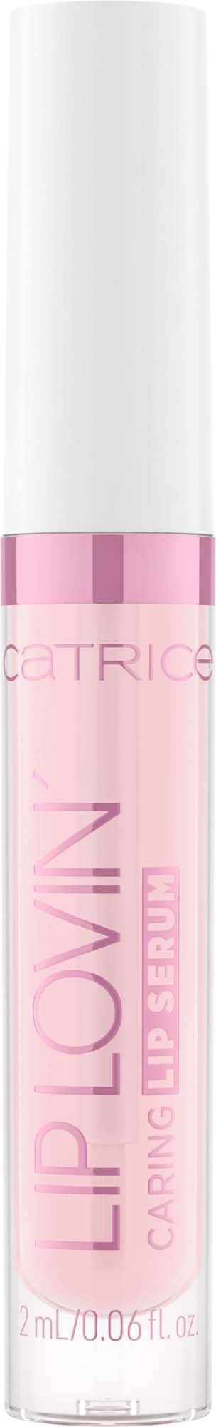 Eine rosa-weiße Lippenserum-Flasche von CATRICE mit Tropfverschluss.