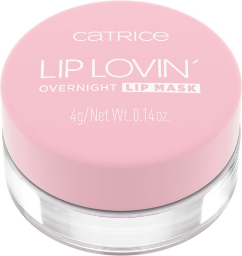 Ljusrosa behållare märkt 'Catrice Lip Lovin Overnight Lip Mask' med 4 g storlek. Enkel förpackning för ett läppvårdsprodukt.