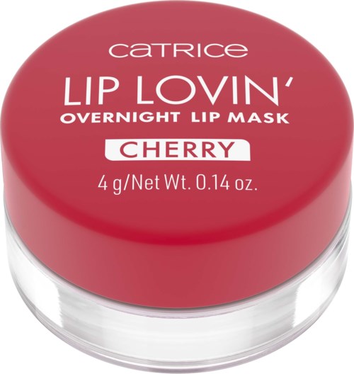 Ett runt rosa behållare med vit text, märkt som Catrice Lip Loving Overnight Lip Mask i körsbärssmak.