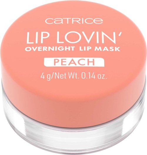 En runt persikofärgad burk med etikett för Catrice Lip Lovin' nattläppmask.