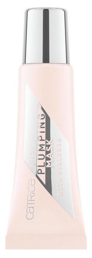 En lille flaske med lyserødt hudplejeprodukt med sølvhætte, mærket "PLUMPING MASK."