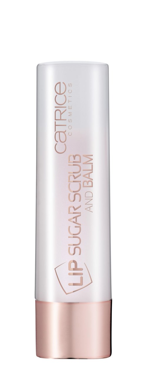 En hvid tubet af læbepomade med rosa låg, mærket 'Lip-Sugar Scrub and Balm' af Catrice.