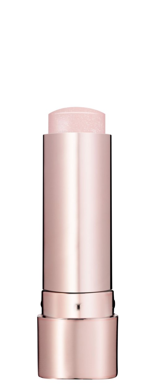 En lyserød og hvid make-up-stav med en blank sølvbånd nær midten.