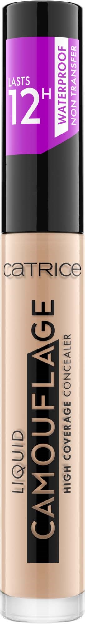 En beige concealer-penna med svart topp, lila etikett och svart text. Den är vattentät med hög täckning.