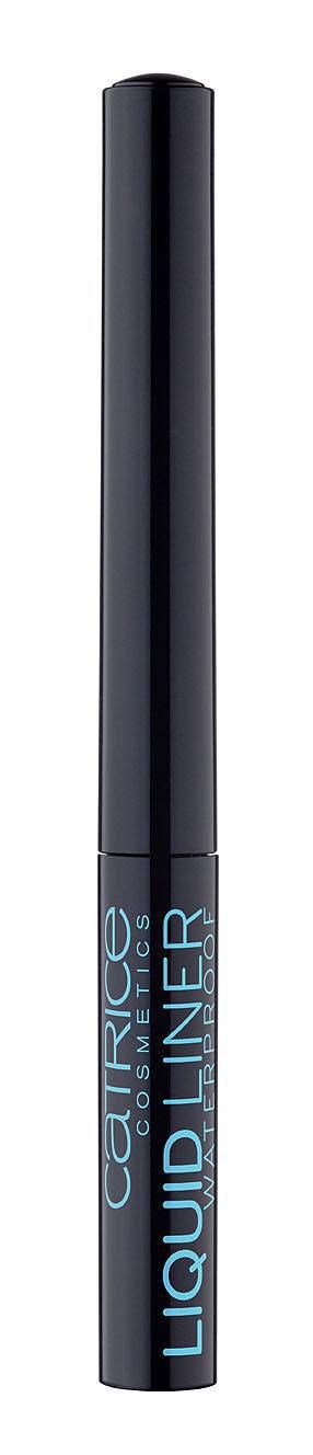 Lång svart makeuppenna med blå text som säger 'Catrice Liquid Liner.'