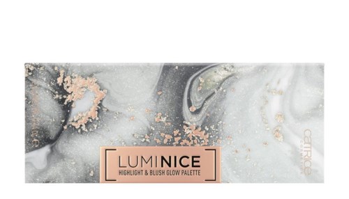 Eine Make-up-Box namens Lumine Nice mit Highlighter und Blush. Marmor-Design in Rosa und Grau.