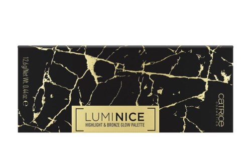 Schwarze Box mit goldenem Marmor-Muster, beschriftet "LUMI NCE" für Highlight- und Glow-Palette.