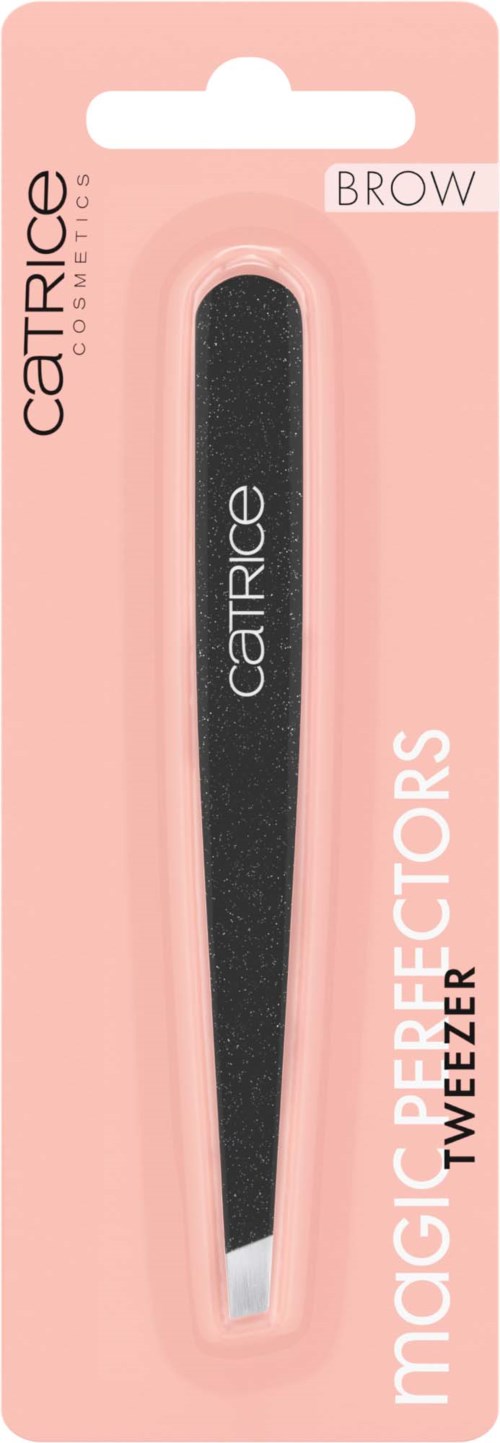 En rosa förpackning med en svart ögonbrynspincett inuti, märkt som Catrice Magic Perfect Tweezers.