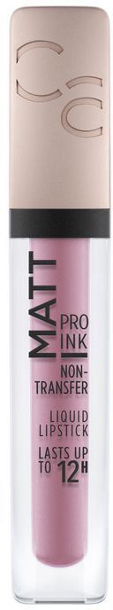 En rosa flytande läppstift i ett genomskinligt rör med en beige lock, märkt 'MATTE PRO INK NON-TRANSFER LIQUID LIPSTICK'.