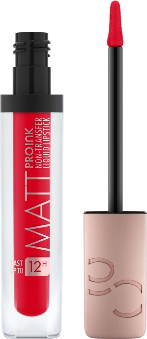En röd flytande läppglansrör med applikatorborste, märkt 'MATT PROINK Liquid Lipstick.'