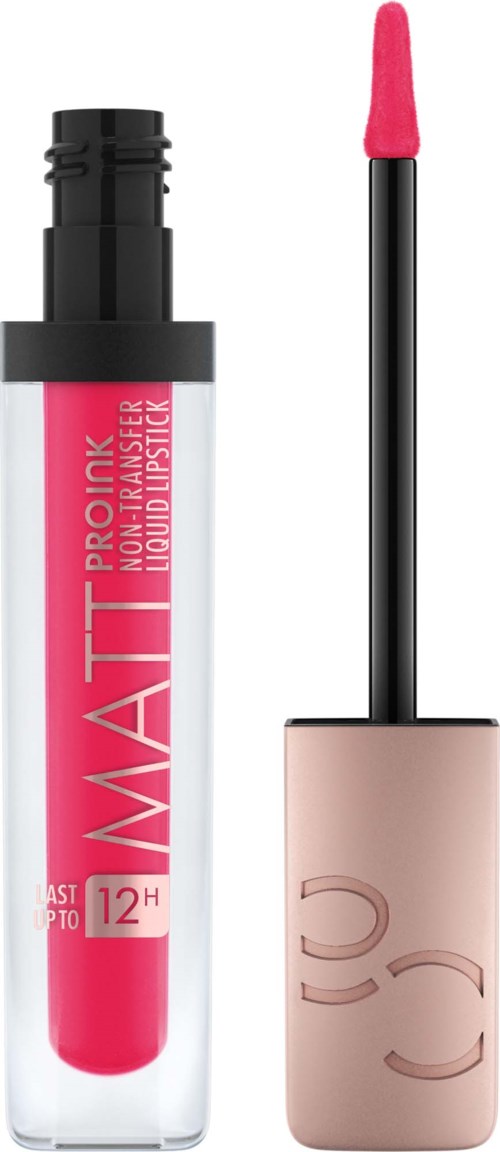 Ett rosa flytande läppstift i en genomskinlig tub med svart lock och rosa applikator.