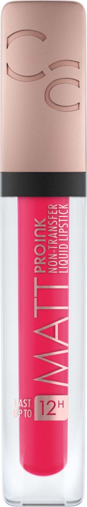 Ett läppglansrör med rosa lock, vit kropp, och röd läppglans inuti. Det har fet rosa och vit text.