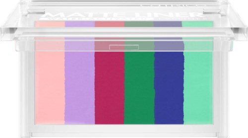 A colorful makeup palette with five shades arranged from light pink to green and blue.