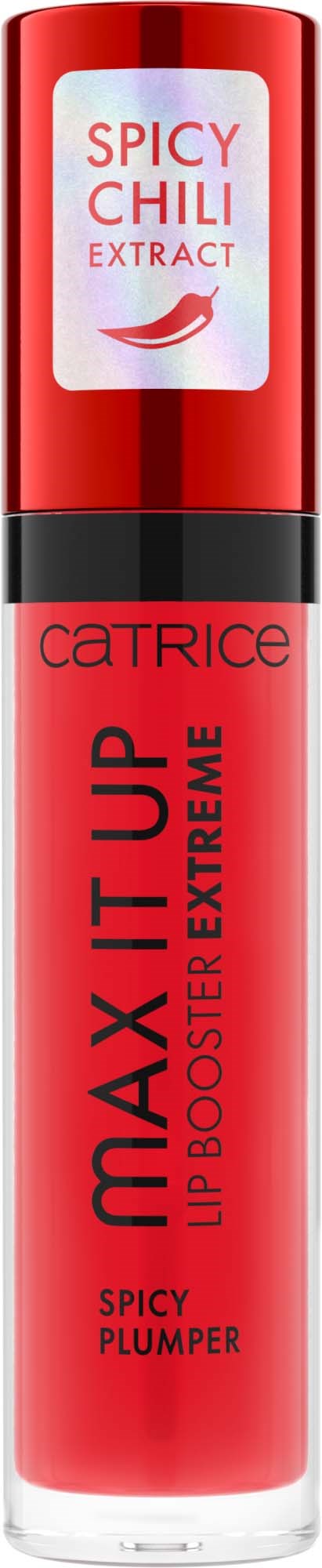 Ein roter Lipgloss-Tubentitel "Spicy Chili Extract" und "Catrice"; es steht "Max It Up Lip Booster Extreme" und "Spicy Plumper."