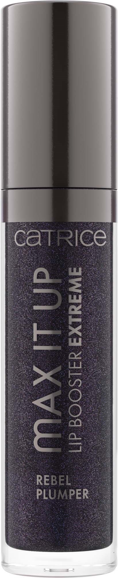 Tummansininen huulikiiltoputeli hopeisella kannella, jossa teksti 'Max It Up Lip Booster Extreme' ja 'Rebel Plumper.'