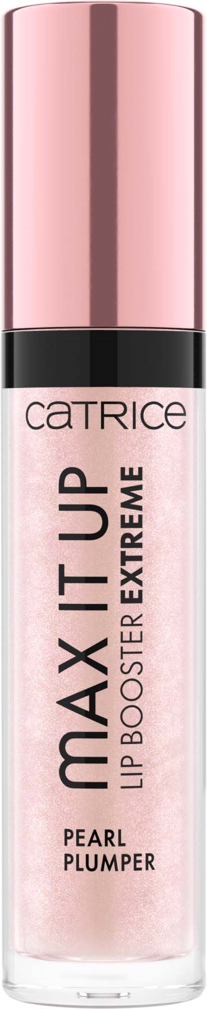Catrice-merkkinen huulikiilto, Max It Up, Pearl Plumper, vaaleanpunaisella korkilla ja läpinäkyvällä rungolla.