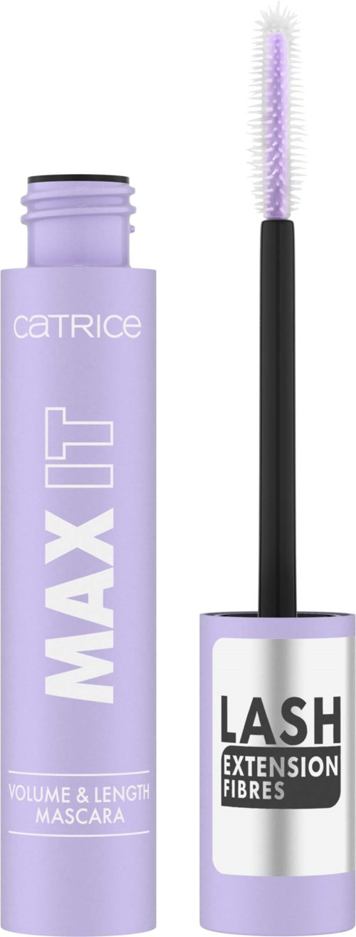 A purple mascara tube with an open cap, displaying a wand with a brush. It has text for volume and length.