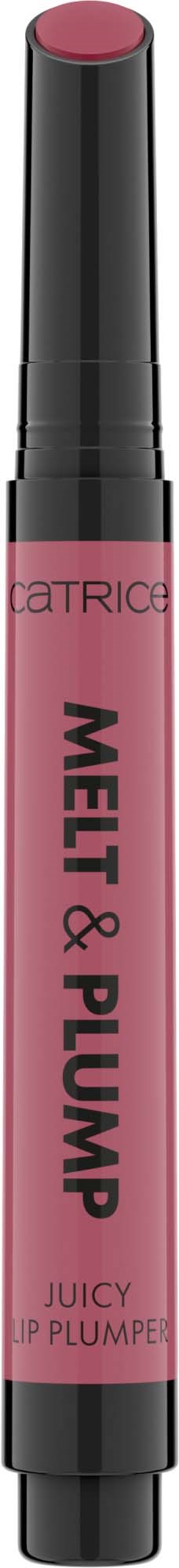 Een lipgloss in een zwart en roze tube met de woorden "Mael & Pump" en "Juicy Lip Plumper."