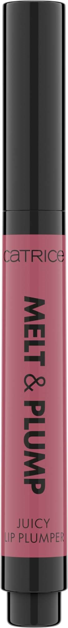 Roze lipgloss tube met zwarte dop, gelabeld 'Melty & Plump' en 'Juicy Lip Plumper', merk Catrice.
