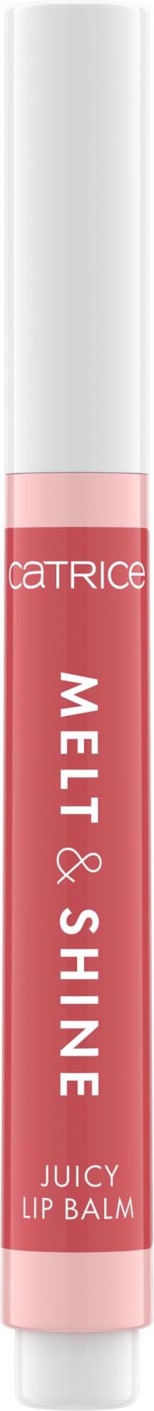 A pink and white lip balm stick with the label "Catrice Melt & Shine Juicy Lip Balm."