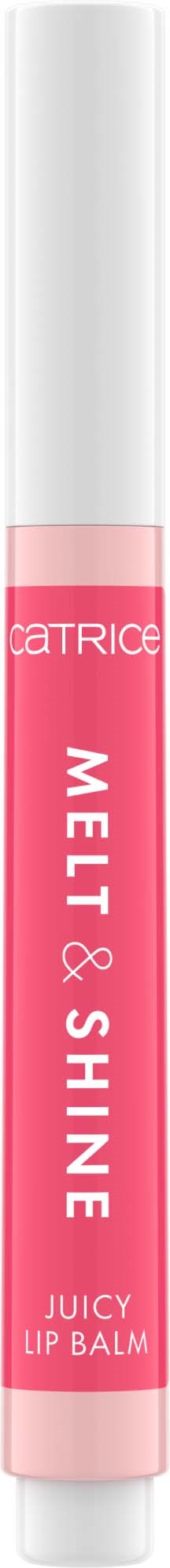A pink and white lip balm tube labeled "Catrice Melt & Shine Juicy Lip Balm."