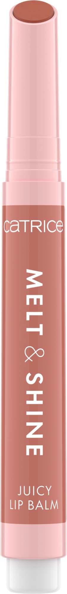 A pink lip balm tube with white text that says "Catrice Mel & Shine Juicy Lip Balm".