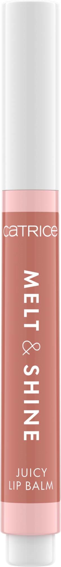 Lip balm stick with pink label, white cap, labeled "Mel & Shine Juicy Lip Balm".