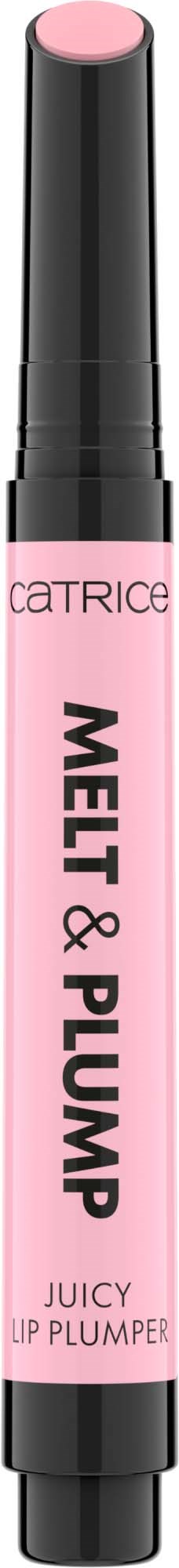 Een roze lippenbalsem van Catrice, met de tekst 'Melt & Pump Juicy Lip Plumper.'