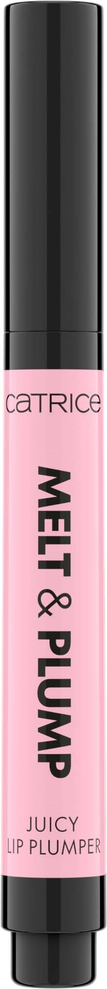 Roze lipgloss tube met zwarte dop, gemarkeerd 'Melty & Plump Juicy Lip Plumper'.