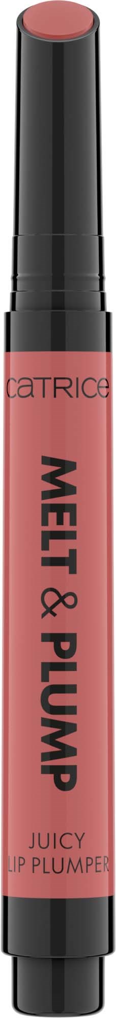 Een roze lipvergrotingspen met zwarte dop, labeled 'Melit & Plump Juicy Lip Plumper'.