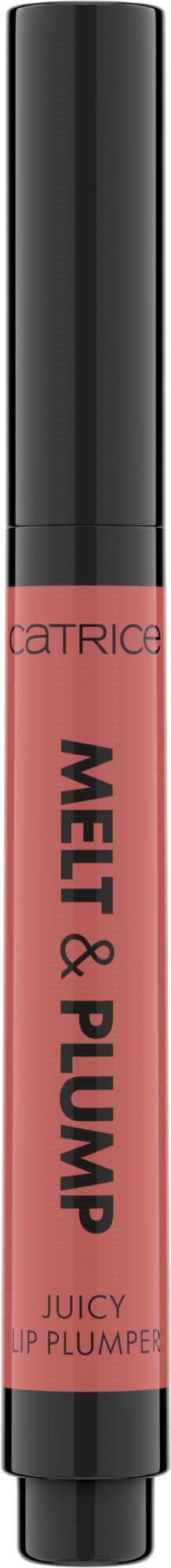 Een lipgloss met zwarte dop en roze lichaam met de tekst Melting & Plump Juicy Lip Plumper.