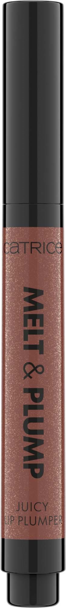 Een lipglossbuis met zwarte dop, roze-bruin kleur, en de tekst "Melting & Plumping".