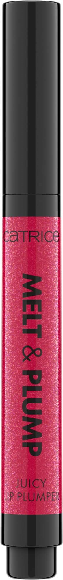 Een roze lipgloss tube met een zwarte dop, gelabeld "Melty & Plump" en "Juicy Lip Plumper."