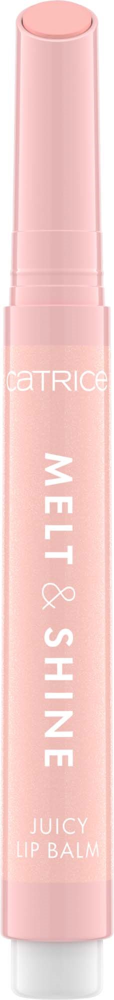 Een roze lippenbalsem met witte tekst, gelabeld 'Melty & Shine Juicy Lip Balm'.