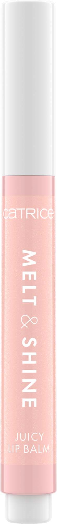 Een roze tube met de tekst 'Melt & Shine Juicy Lip Balm' staat rechtop, met een witte dop.