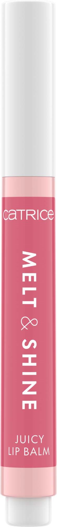 A pink and white lip balm tube labeled 'Catrice Melt & Shine Juicy Lip Balm.'