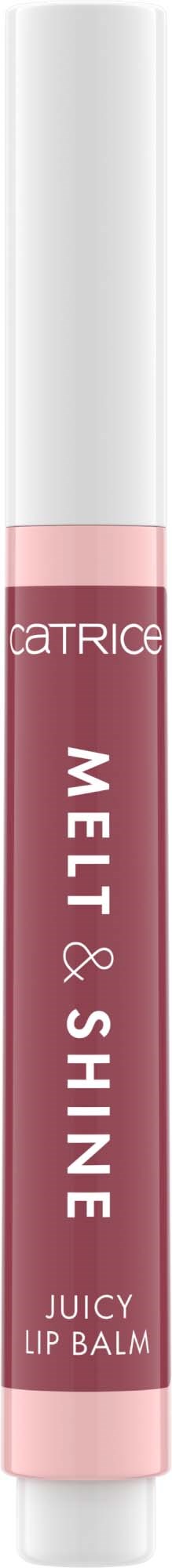 Een lippenbalsemstaaf met roze label en witte dop, merk CATRICE, genaamd Mel & Shine Juicy Lip Balm.