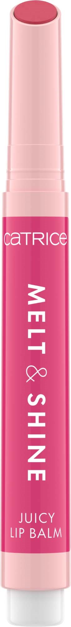 Een roze lippenbalsem in stickvorm met witte tekst, gemerkt 'Catrice Mel & Shine Juicy Lip Balm.'