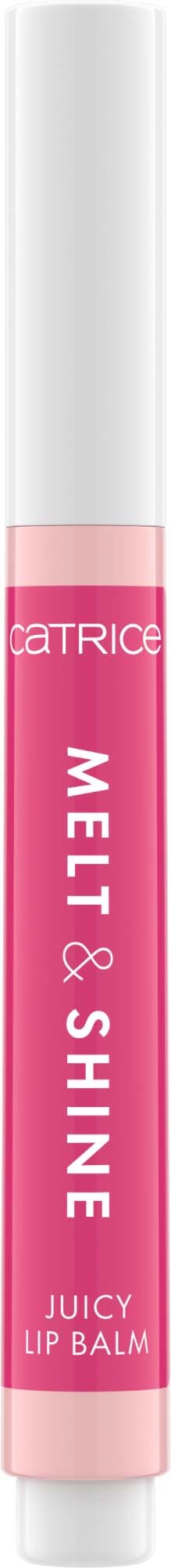 Roze en wit lippenbalsem tube met de woorden "Catrice MELT & SHINE Juicy Lip Balm".