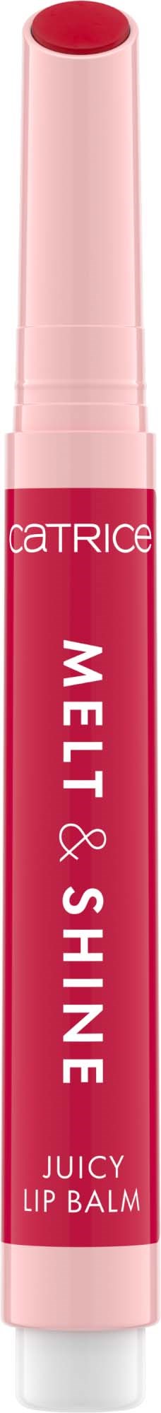 Een roze lippenbalsem-stift met het label 'Catrice MELT & SHINE Juicy Lip Balm' staat rechtop.