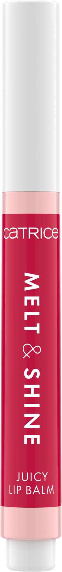 Een roze en witte lippenbalsem tube met woorden: Catrice, Melt & Shine, Juicy Lip Balm.
