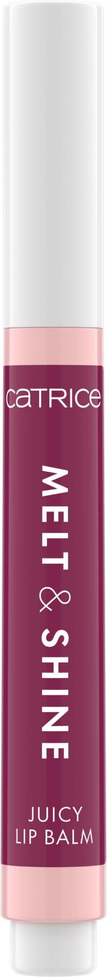 Een lippenbalsem tube met een roze label die leest 'Melty & Shine Juicy Lip Balm' van Catrice.