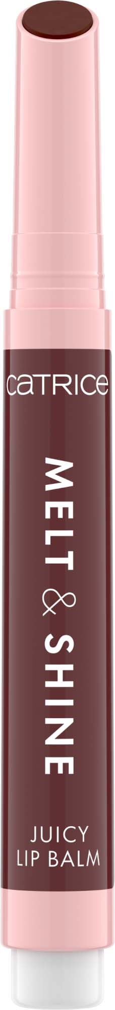 Een roze en donkerbruine lippenbalsem stick met het label 'Catrice Mel & Shine Juicy Lip Balm.'