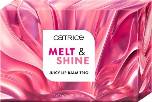 Verpackung mit pinken Strömungen, fettem pinken und schwarzem Text sowie einem weißen Etikett für ein Lippenbalsam-Trio.