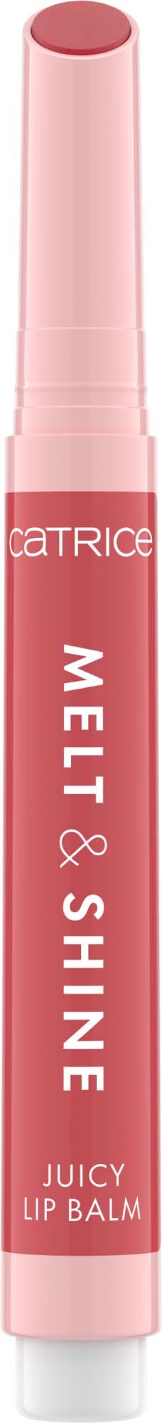 Ein rosa Lippenpflegestift mit den Marken Catrice und Melix Shine, beschriftet Juicy Lip Balm.