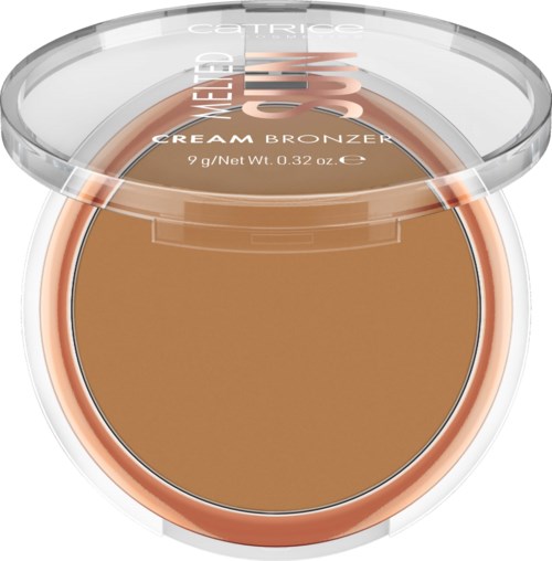 En liten bronzer med tydligt lock, märkt 'Cream Bronzer', som visar en ljusbrun nyans inuti.