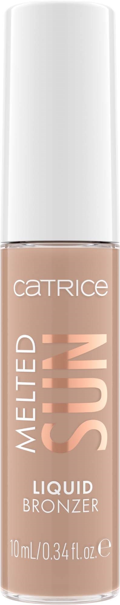 En flaska med flytande bronsfärg med vit topp, märkning 'Catrice Melted Sun'.