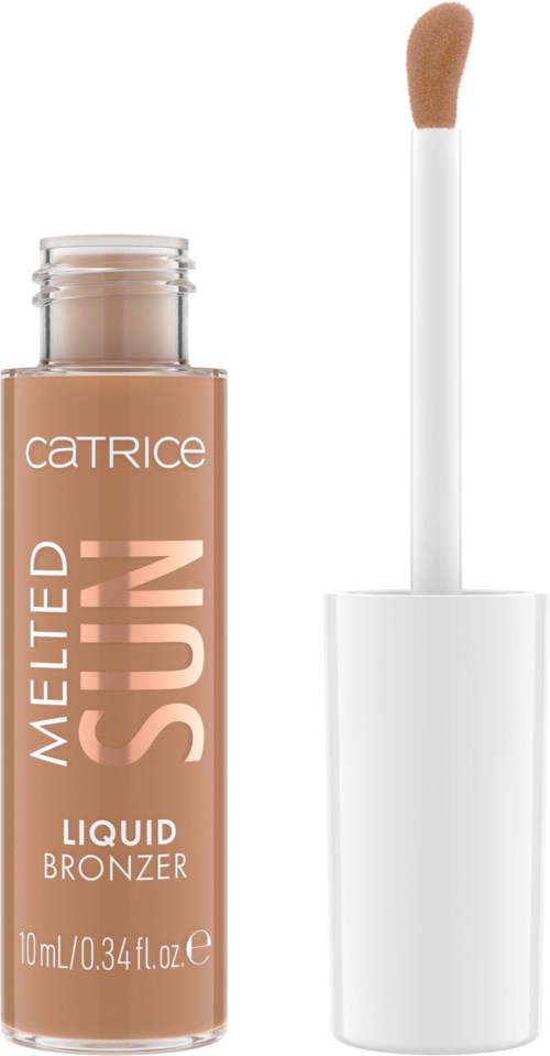 En flytande bronzer i flaska med vit kork och applikator. Märkningen lyder 'Catrice Melted Sun Liquid Bronzer'.