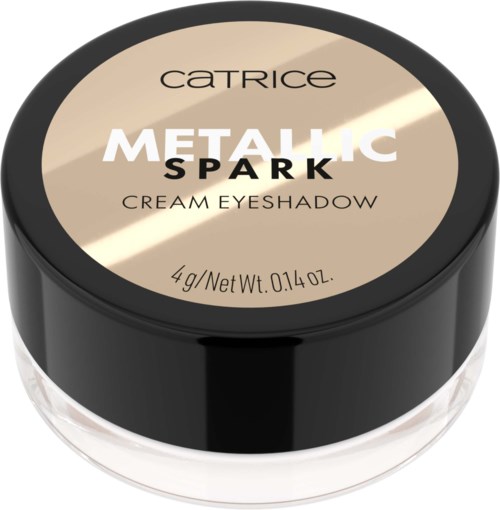 Een kleine ronde container met metallic oogschaduw met zwart en beige label, merknaam Catrice METALLIC SPARK.