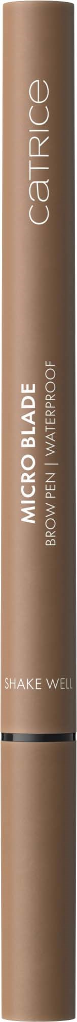En beige, sylinderformet makeupprodukt merket 'Catrice Micro Blade' med instruks om å riste godt.